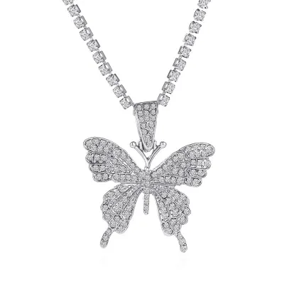 Women Simple Alloy Rhinestone Butterfly Pendant Necklace