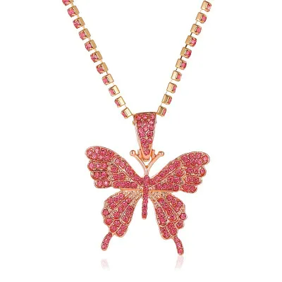 Women Simple Alloy Rhinestone Butterfly Pendant Necklace