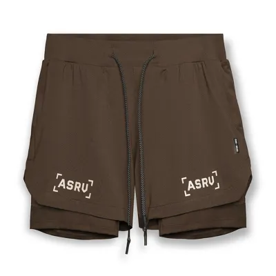 Men Casual Solid Color Letter Print Double Layer Breathable Quick Dry Mid Waist Tie Sports Shorts