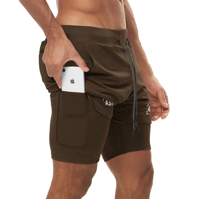 Men Casual Solid Color Letter Print Double Layer Breathable Quick Dry Mid Waist Tie Sports Shorts