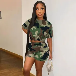 Women Flow Solid Color Camouflage Print Loose Top And Shorts Two Piece Set