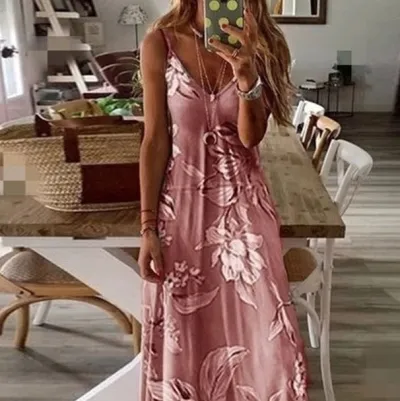 Women Casual Bohemian Sleeveless Summer Holiday Print Slip Dress