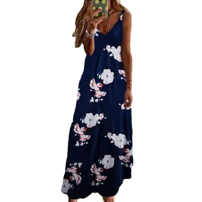 Women Casual Bohemian Sleeveless Summer Holiday Print Slip Dress