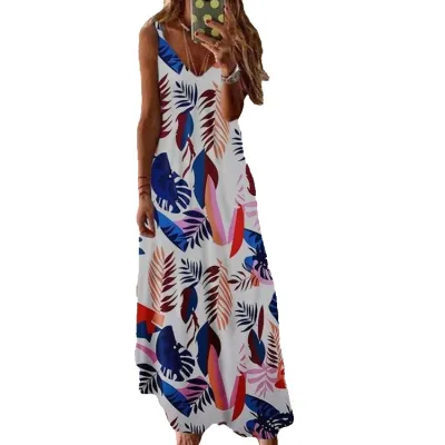Women Casual Bohemian Sleeveless Summer Holiday Print Slip Dress
