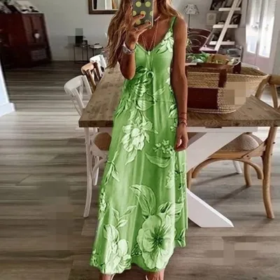 Women Casual Bohemian Sleeveless Summer Holiday Print Slip Dress
