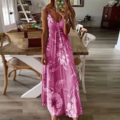Women Casual Bohemian Sleeveless Summer Holiday Print Slip Dress