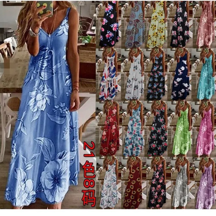 Women Casual Bohemian Sleeveless Summer Holiday Print Slip Dress