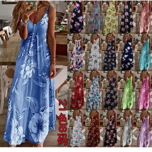 Women Casual Bohemian Sleeveless Summer Holiday Print Slip Dress