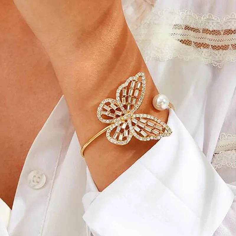 Women Fashion Hollow Zircon Butterfly Pearl Crystal Opening Adjustable Bracelet