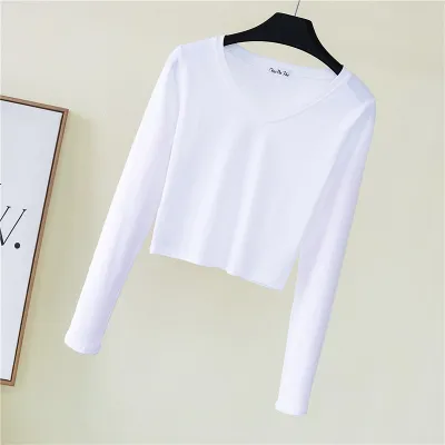 Women Basic Edgy Long-sleeved V Neck Summer Solid Color Crop Top