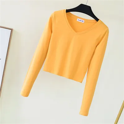 Women Basic Edgy Long-sleeved V Neck Summer Solid Color Crop Top