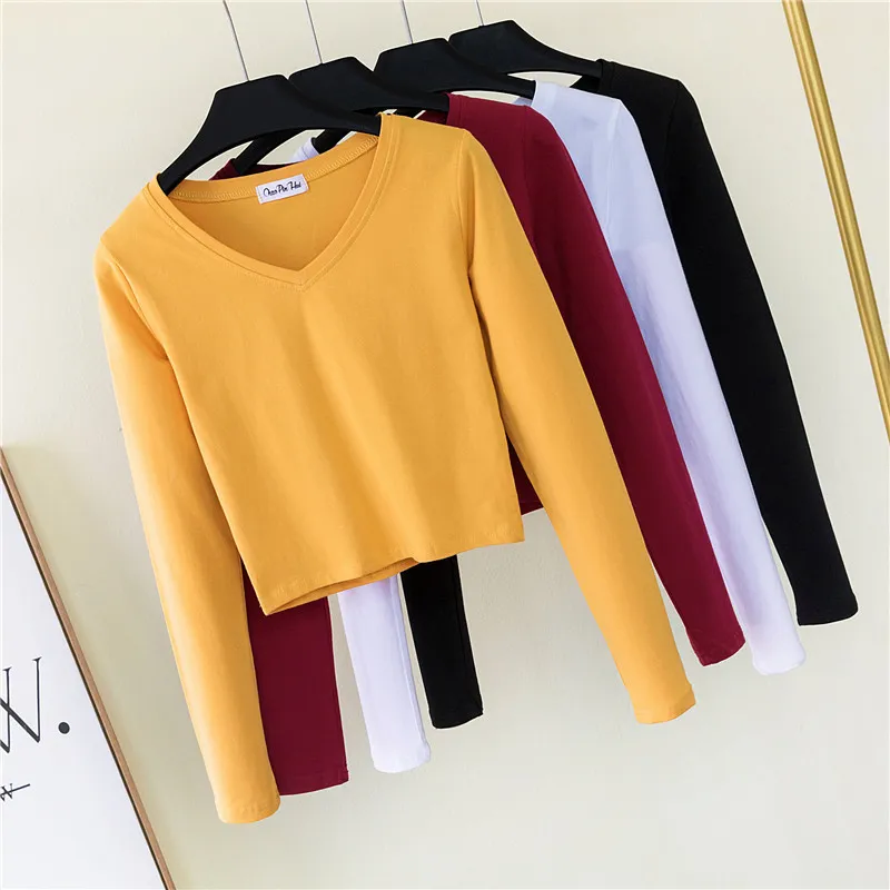Women Basic Edgy Long-sleeved V Neck Summer Solid Color Crop Top
