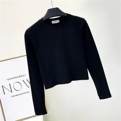 Women Basic Edgy Long Sleeve Round Neck Summer Solid Color Crop Top
