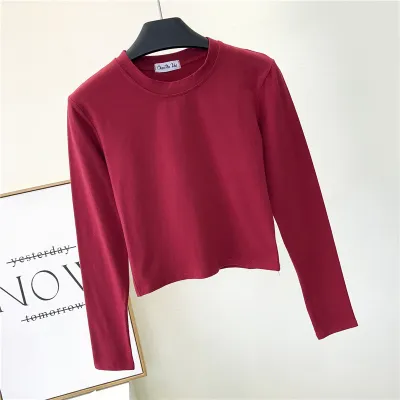 Women Basic Edgy Long Sleeve Round Neck Summer Solid Color Crop Top