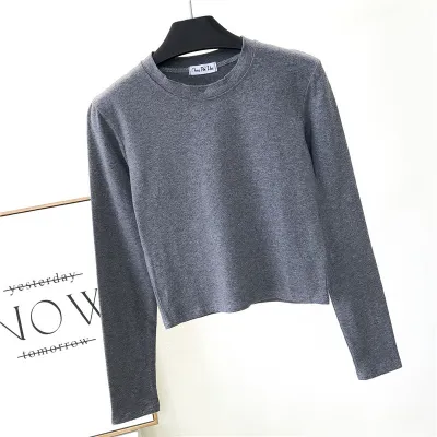 Women Basic Edgy Long Sleeve Round Neck Summer Solid Color Crop Top