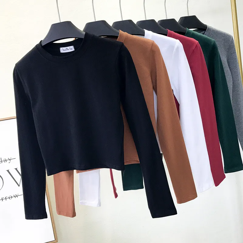 Women Basic Edgy Long Sleeve Round Neck Summer Solid Color Crop Top