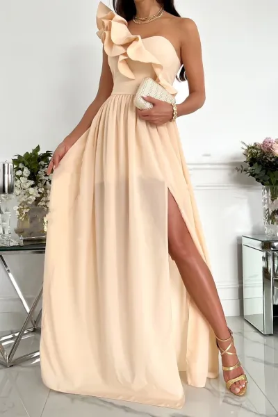 Women Elegant Solid Color One Shoulder Sleeveless Ruffle Side-slit Dress