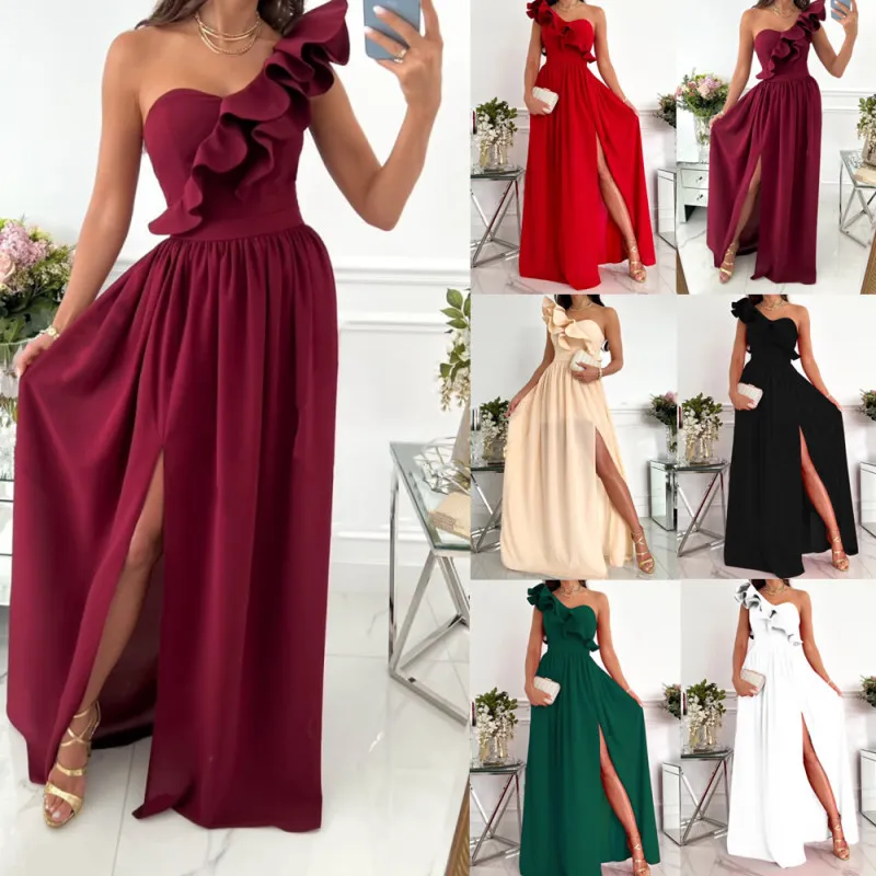 Women Elegant Solid Color One Shoulder Sleeveless Ruffle Side-slit Dress