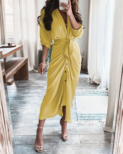 Women Elegant Vintage Summer Long Sleeves V Neck Single-breasted Print Dress