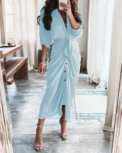Women Elegant Vintage Summer Long Sleeves V Neck Single-breasted Print Dress
