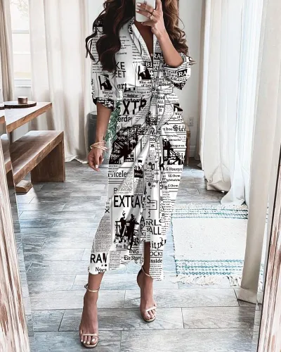 Women Elegant Vintage Summer Long Sleeves V Neck Single-breasted Print Dress