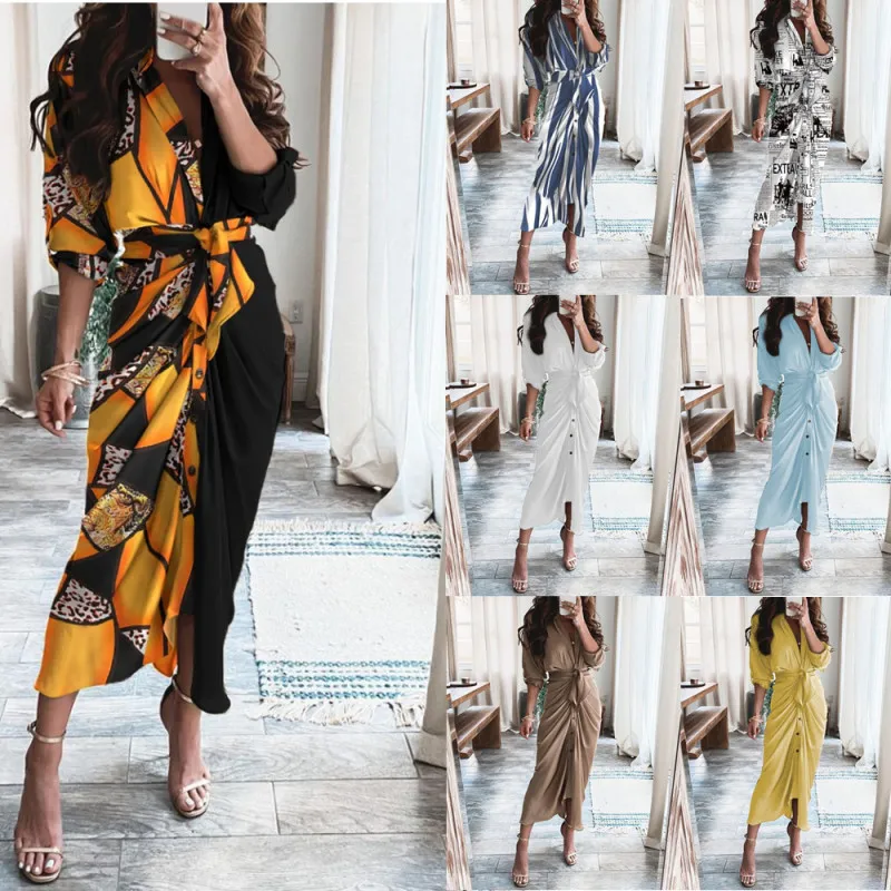 Women Elegant Vintage Summer Long Sleeves V Neck Single-breasted Print Dress