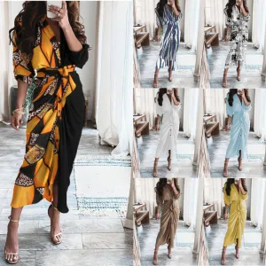 Women Elegant Vintage Summer Long Sleeves V Neck Single-breasted Print Dress