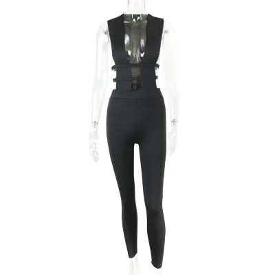 Women Edgy Sexy Summer Solid Color Cut Out Sleeveless High Waist Fashion Jumpsuits