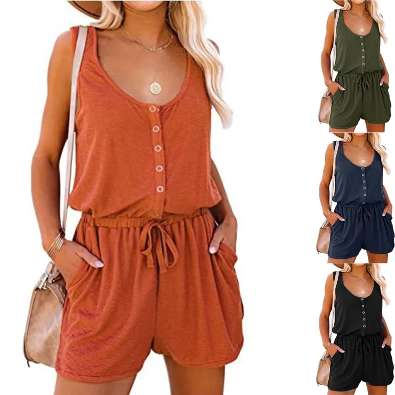 Women Sleeveless High Waist Tie Casual Loose Wide Leg Short Rompers