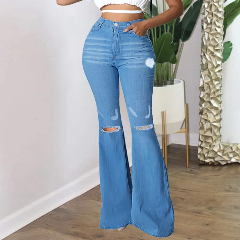 Women Elegant Edgy Ripped Flared Denim Jeans