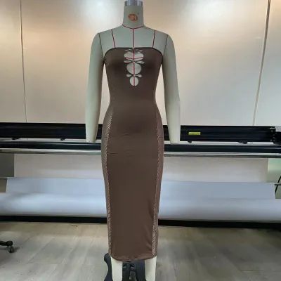 Women's Beaded Hollow Tube Top Mesh Stitching See-Through Dress