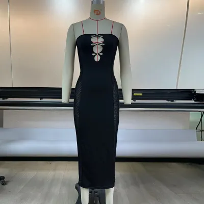 Women's Beaded Hollow Tube Top Mesh Stitching See-Through Dress