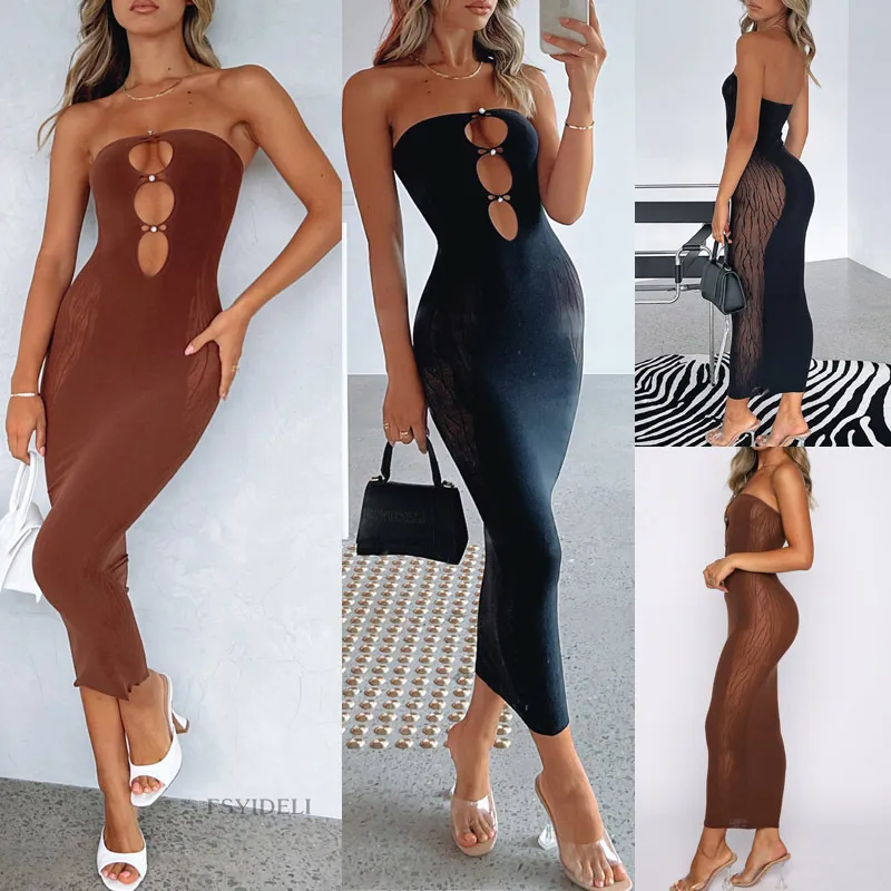 Women's Beaded Hollow Tube Top Mesh Stitching See-Through Dress