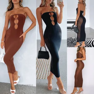 Women's Beaded Hollow Tube Top Mesh Stitching See-Through Dress