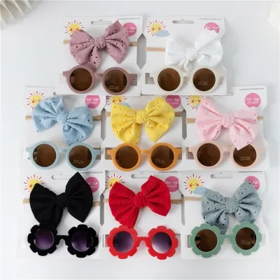 Kids Casual Fashion Hollow Bow Hairband Headwear Sunglasses 2-Piece Set
