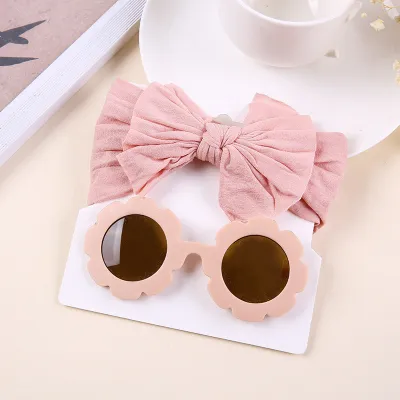 Kids Casual Fashion Bow Nylon Wide Hairband and Sunglasses Two Piece Set