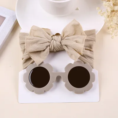 Kids Casual Fashion Bow Nylon Wide Hairband and Sunglasses Two Piece Set