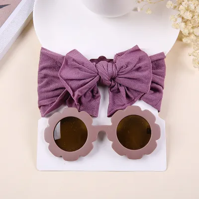 Kids Casual Fashion Bow Nylon Wide Hairband and Sunglasses Two Piece Set