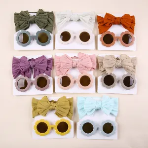 Kids Casual Fashion Bow Nylon Wide Hairband and Sunglasses Two Piece Set