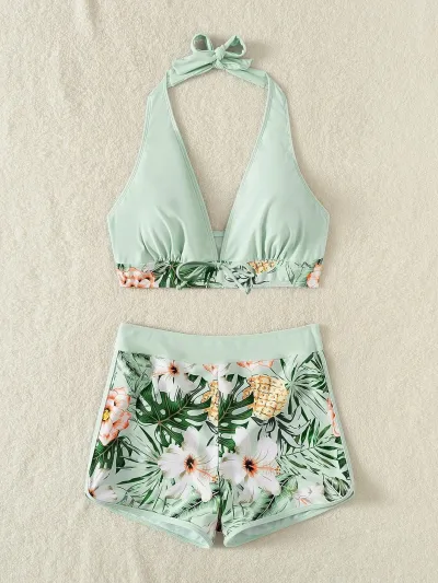 Women High Waist Bikini Print Swimsuit Halter Tankini