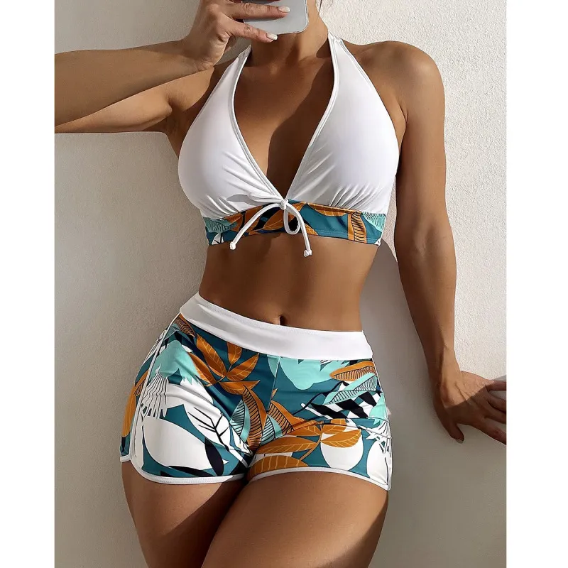 Women High Waist Bikini Print Swimsuit Halter Tankini