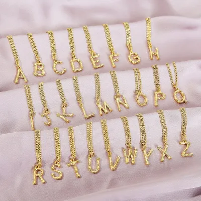 Women Fashion Bamboo 26 Alphabet Letter Alloy Pendant Necklace