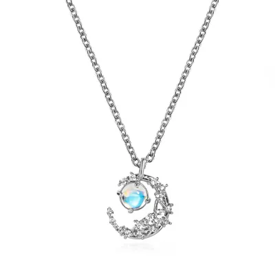 Women Fashion Simple Moon Copper Diamond Pendant Necklace