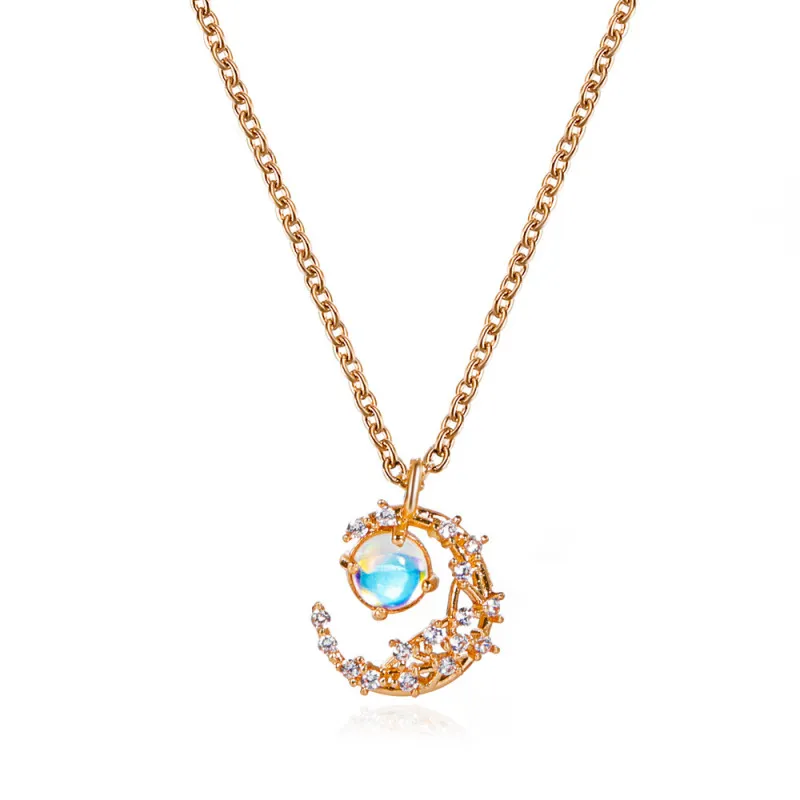 Women Fashion Simple Moon Copper Diamond Pendant Necklace