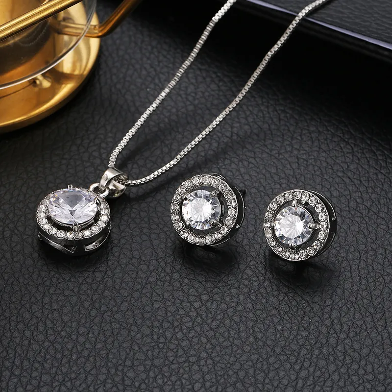 Women Fashion Classic Round Zircon Total Inlaid Necklace Stud Earrings 2 Piece Set