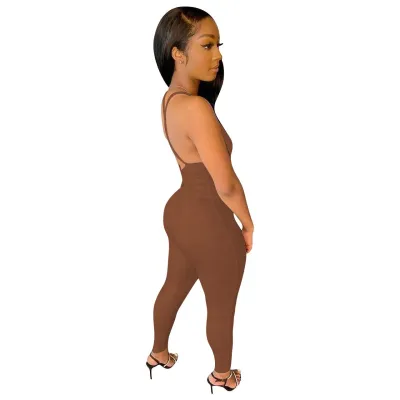 Women Ribbed Sling Backless Long Jumpsuit