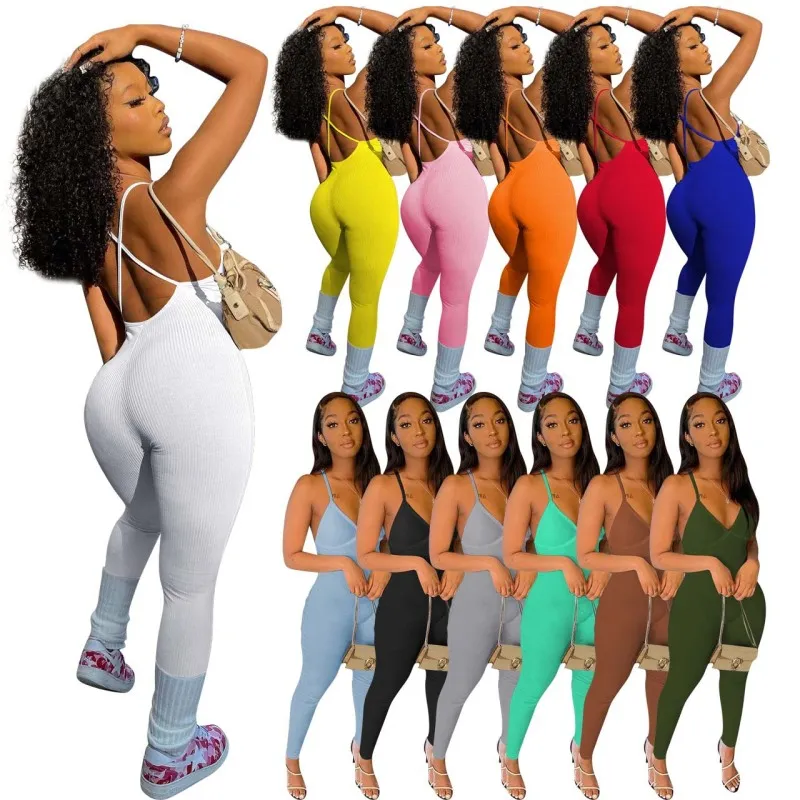 Women Ribbed Sling Backless Long Jumpsuit