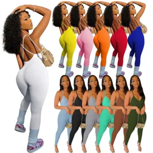 Women Ribbed Sling Backless Long Jumpsuit