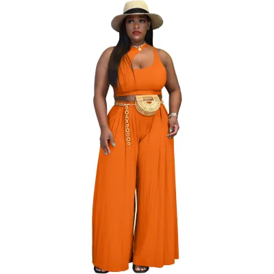 Women Plus Size Casual Tank Top And Pants Solid Color Two Piece Set