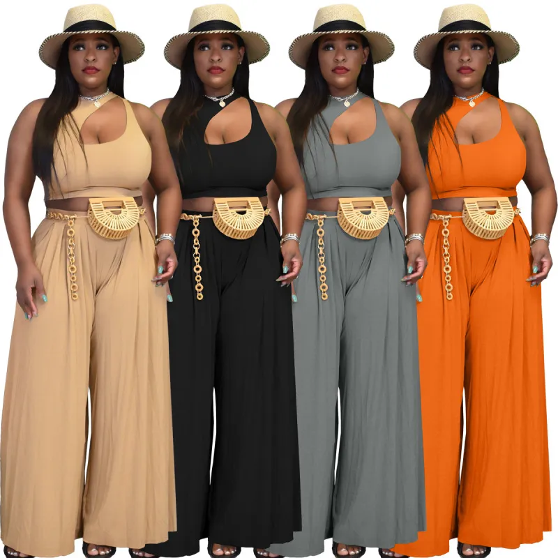 Women Plus Size Casual Tank Top And Pants Solid Color Two Piece Set